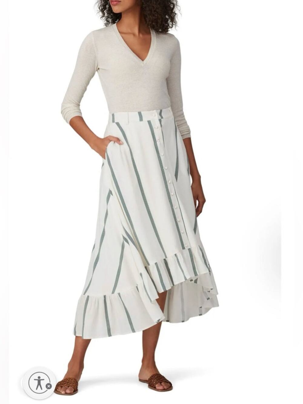 SANCIA silk blend button up high low striped coastal designer midi skirt S